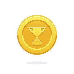 Achievement badge. Achievement or award grant. Winner's trophy icon. Symbol of victory. Goblet icon. Champion trophy cup. Sport cup on stand. Reward badge. Gold medal. Coin with the goblet. Coin icon.