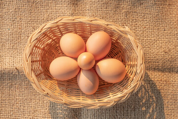 small fresh eggs surround by common eggs size in a wooden basket from agriculture farm.