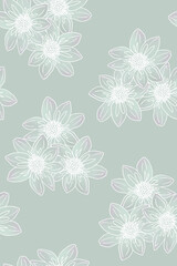 Vertical delicate pattern of white painted flowers on a green pastel color. Seamless wallpaper for design, packaging paper, postcards, banners