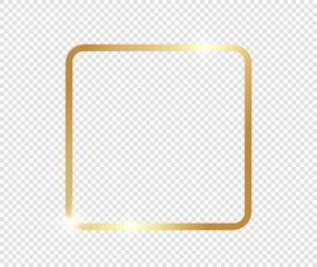 Gold shiny glowing frame with shadows isolated on transparent background. Golden luxury vintage realistic rectangle border. illustration - Vector