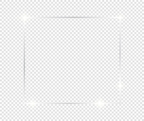 Grey shiny glowing frame with shadows isolated on transparent background. Black and white vintage realistic rectangle border. illustration - Vector