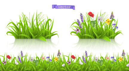 Wild flowers, spring grass seamless pattern 3d realistic vector - 417969670