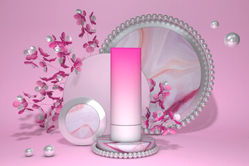 3d render of blank white pink cosmetic tube mockup on pastel background, scene with spring flowers and marble round podium stage. Beauty brand product mockup for display stand, showcase, advertising.