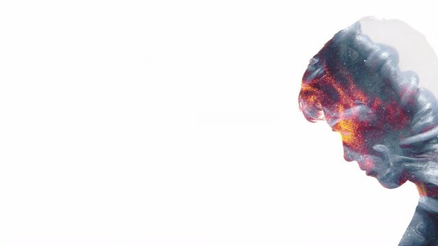 Double exposure male silhouette. Emotional burnout. Silver smoke explosion with orange sparks animation in profile shape of exhausted guy putting head down isolated on white copy space background.