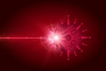 Defeating virus with laser efficient treatment vector poster. Advertising banner for a new vaccine or drug providing solid protection from infection, immunity boosting medicine, body fighting mode.