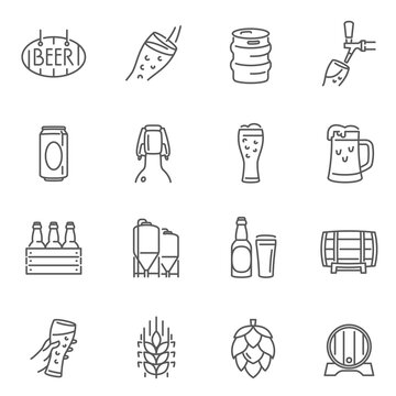 Beer, glass cup, mug, barrel thin line icons set isolated on white. Alcoholic drink, bottle.