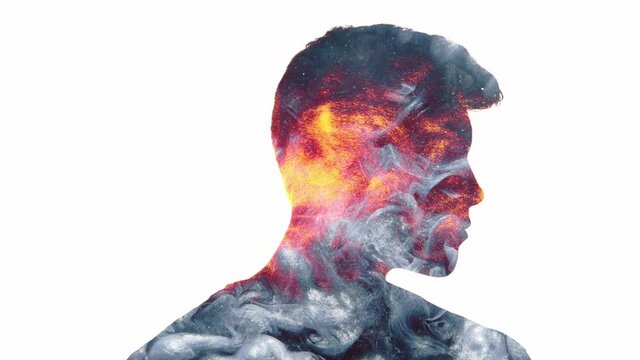 Double exposure silhouette. Man energy. Leadership ambition. Volcanic eruption with gray smoke dust orange fire flame sparks in back view shape of guy turning head isolated on white copy space.