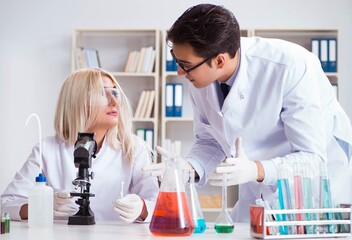 Two chemists having discussion in lab
