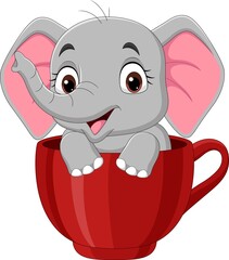 Cartoon funny baby elephant sitting in red cup