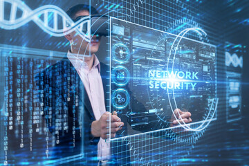 Business, Technology, Internet and network concept. Young businessman working on a virtual screen of the future and sees the inscription: Network security