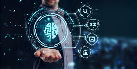 Artificial intelligence (AI), machine learning and modern computer technologies concepts. Business,...