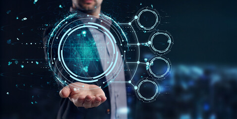 businessman pressing button with contact on virtual screens.