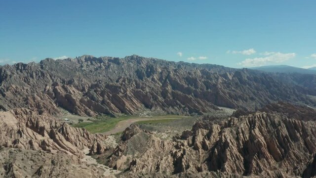 Aerial - Quebrada de las Flechas ravine, Argentina, wide forward shot