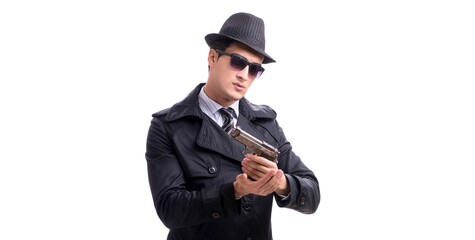 Man spy with handgun isolated on white background