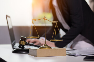 Judge gavel with Justice lawyers having team Concepts of Law and Legal services