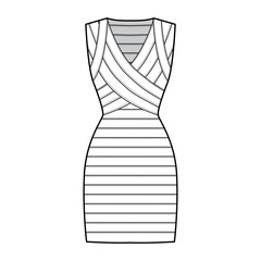 Bandage dress technical fashion illustration with V-neck, sleeveless, fitted body, elasticated, knee length, pencil cut. Flat apparel template front, white color style. Women, men unisex CAD mockup