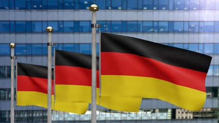3D illustration German flag waving on corporate landmark skyline in a modern city. Beautiful tall tower with Germany banner blowing soft silk. Cloth fabric texture ensign background.