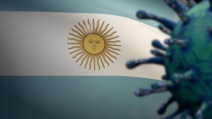 3D illustration coronavirus floating over Argentinian flag. Argentine Covid 19