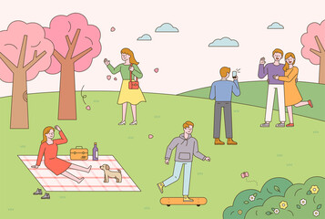 People are doing outdoor activities in a park where spring flowers bloom. People having picnics, riding boards, and taking pictures. flat design style minimal vector illustration.