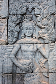 Ancient stone bas relief, Angkor Wat, Cambodia