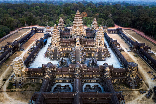 Aerial view of Angkor Wat temple complex at sunset, Cambodia