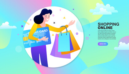 Vector Concept Marketing and Digital marketing. Internet digital store scene with woman on shopping. E-commerce advertising illustration. 