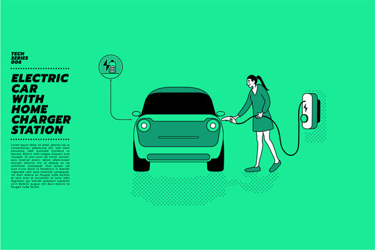 Vector illustration of young beautiful Asian woman having stop at home charging station standing near her electric car or EV car.