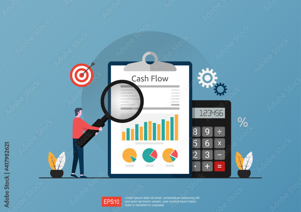 Poster cash flow statement concept with calculator and graph document symbol illustration.