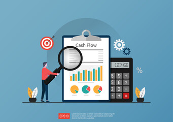 Cash flow statement concept with calculator and graph document symbol illustration.
