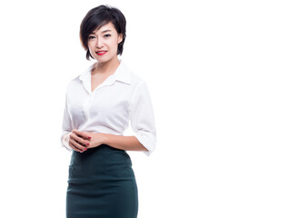 Businesswoman in white shirt smiling looking at camera