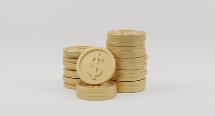 Gold coin stacks with dollar sign on white background. Banking and finance concept. 3D rendering