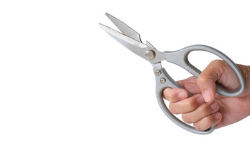 Close up hand holding the metal scissors isolated on white background.