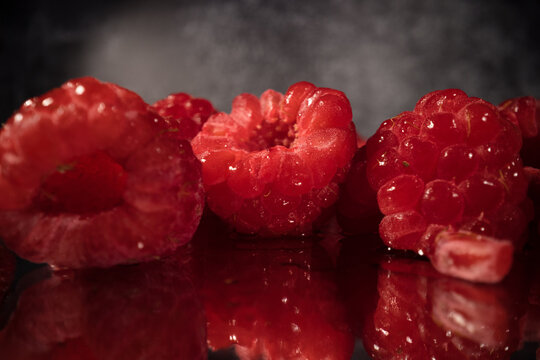 Frozen raspberries in close-up - food photography