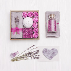 Beauty gift box. Spa relax home with lavender flowers and lavender oil, bath bomb, sea salt, bath roses, towel