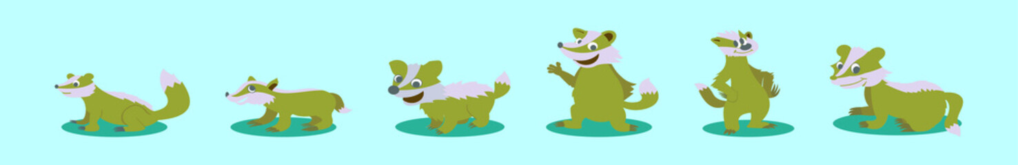 set of honey badger cartoon icon design template with various models. vector illustration isolated on blue background