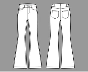 Jeans flared bottom Denim pants technical fashion illustration with full length, low waist, 5 pockets, Rivets. Flat bottom apparel template front back, white color style. Women, men, unisex CAD mockup