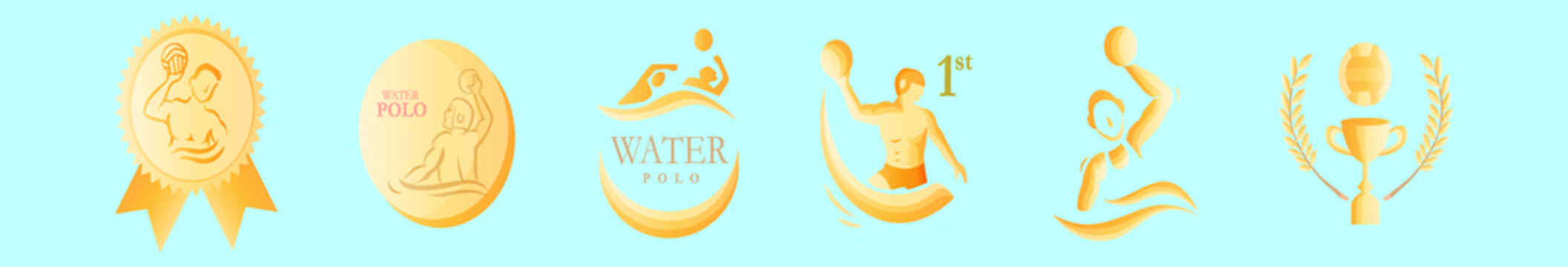 set of water polo golden medal cartoon icon design template with various models. vector illustration isolated on blue background