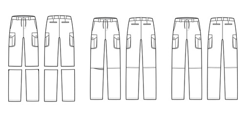 Set of Zip-off convertible pants technical fashion illustration with low waist, box pleated cargo jetted pockets, drawstring. Flat template front, back white color style. Women, men, unisex CAD mockup