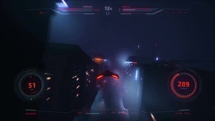 Speed spaceship racing 3D Video game with HUD. Neon style city