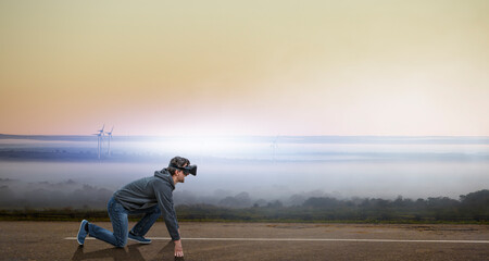 Obraz na płótnie Canvas Young man in virtual reality. Mixed media