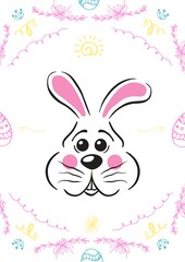 Illustration of easter bunny with pink ears in easter themed decorated frame on white background