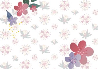 Flowers in row with pink and purple flowers in corners on white background