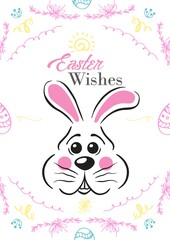 Easter wishes text with easter bunny, easter eggs and decorations on white background