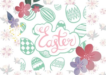 Easter text with flowers and easter eggs on white background