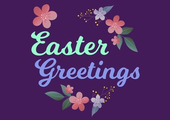 Easter greetings text in green with flowers on purple background