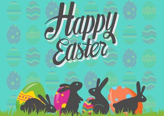 Happy easter text with easter eggs in rows on green background