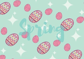 Spring text with stars and easter eggs on green background
