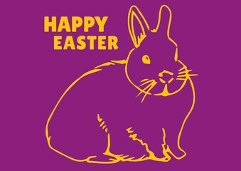 Happy easter text in orange with easter bunny on purple background