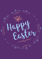 Happy easter text in blue letters with decorated frame on purple background