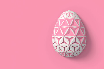 Easter concept. One single white egg with geometric original carved changing patterns on the surface on a pink background. 3d illustration